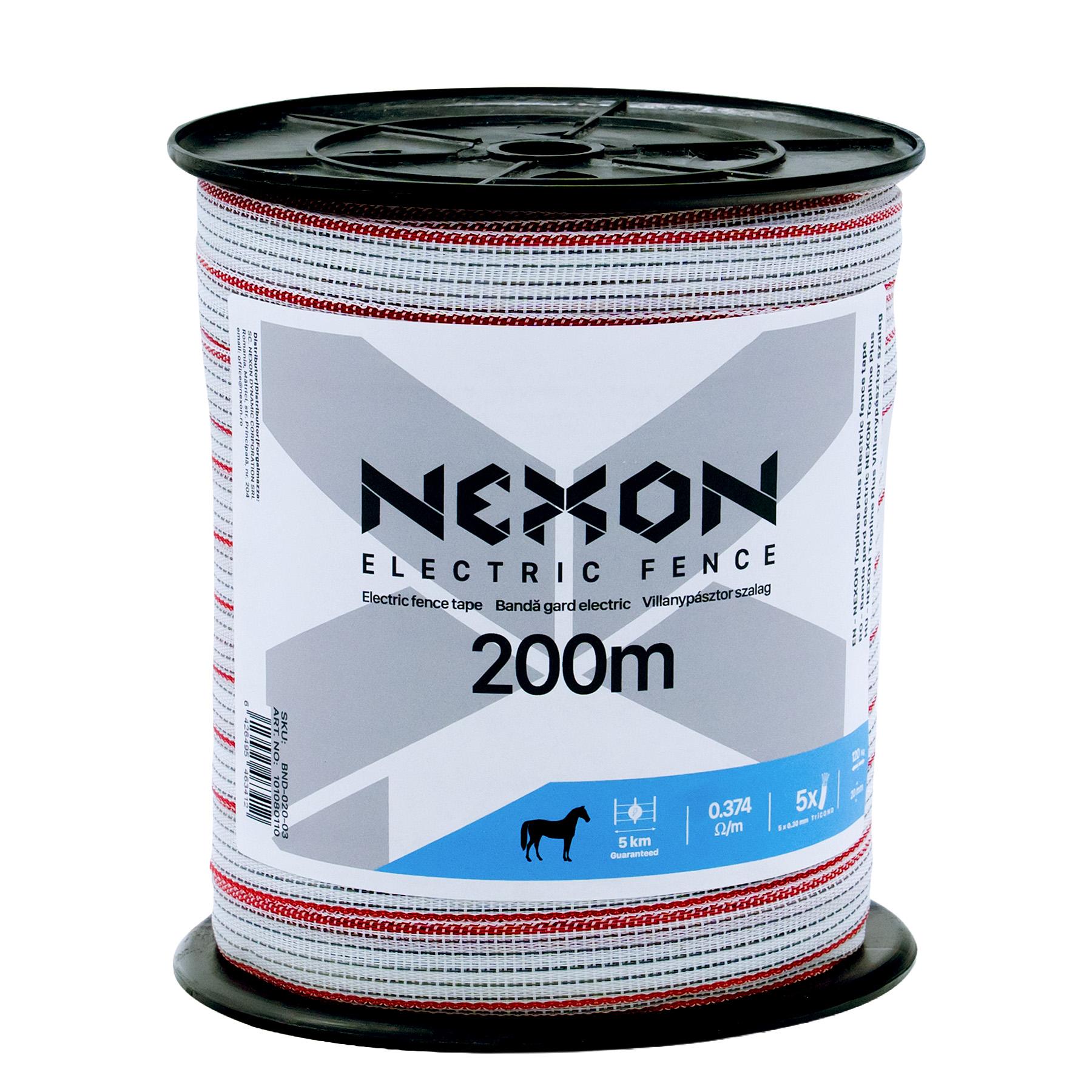 NEXON Topline Plus villanypásztor szalag 200 m, 20 mm, 0.374 ohm/m, 5 fémszál, 120 kg