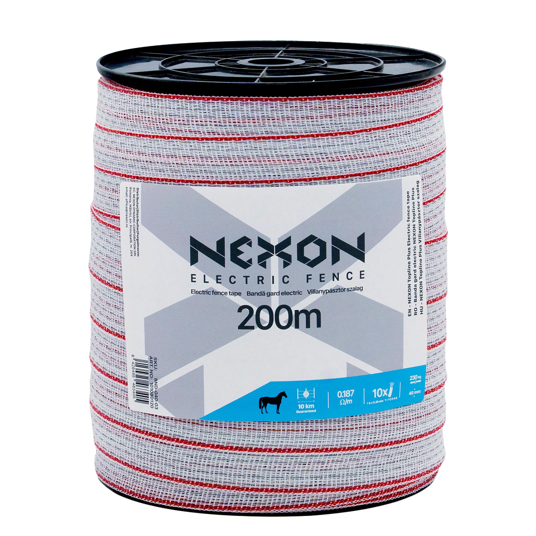 NEXON Topline Plus villanypásztor szalag 200 m, 40 mm, 0.187 ohm/m, 10 fémszál, 230 kg