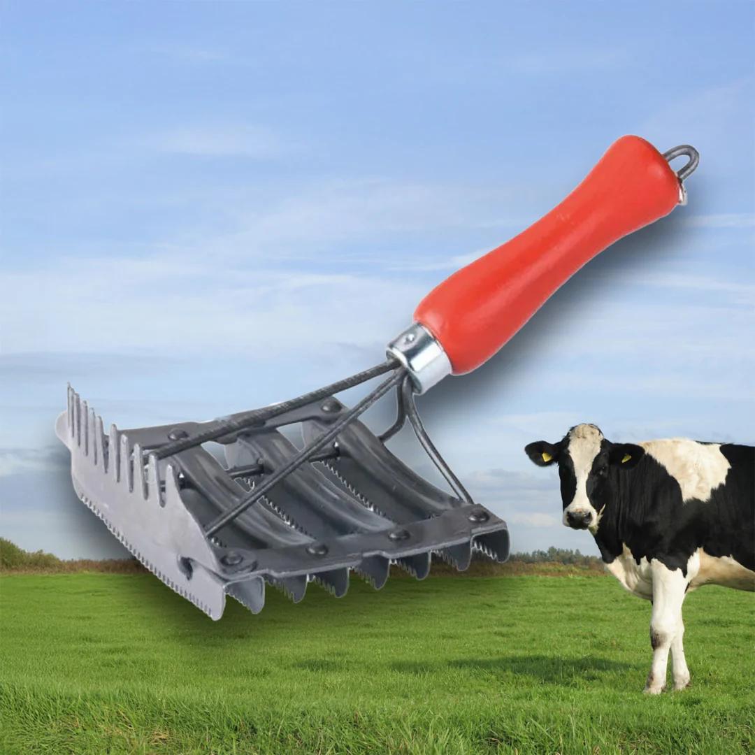 Double metal curry comb with wooden handle