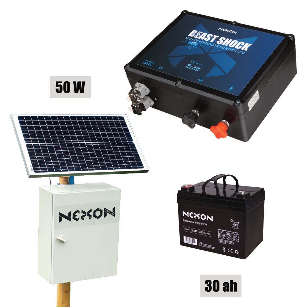NEXON Electric Fence Kit BeastShock 6 J 12V with 50W Solar Panel and 30Ah Battery in Metal Box