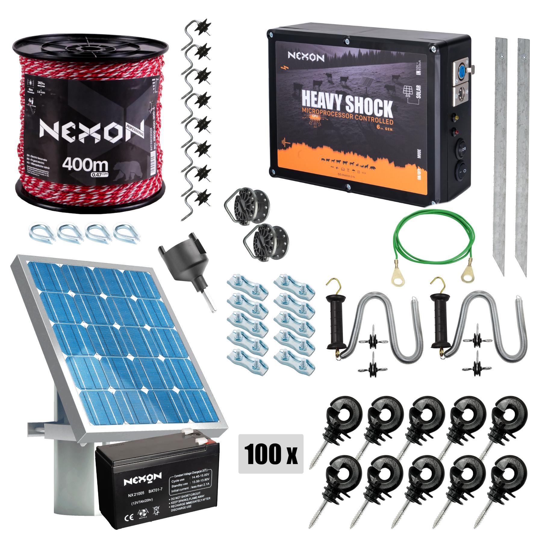 Complete NEXON HeavyShock PRO 5J 12V solar electric fence kit, 400m