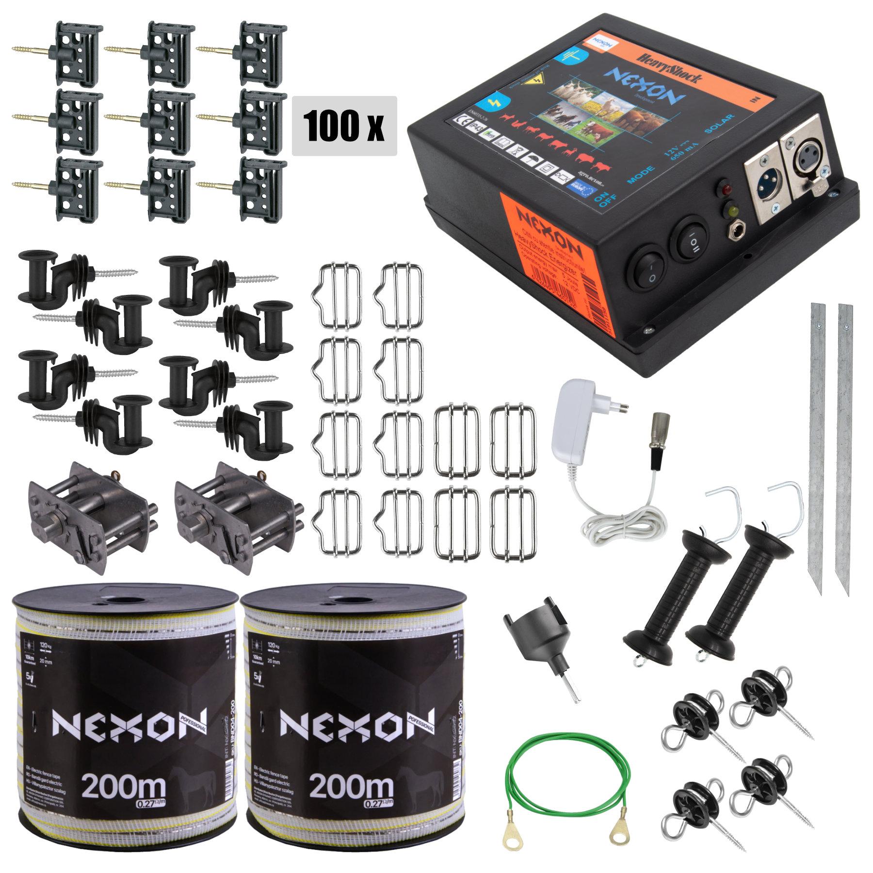 NEXON HeavyShock PRO 5.0J villanypásztor csomag, 12V működtetéssel és 5 fémszálas szalaggal (120kg), 400m