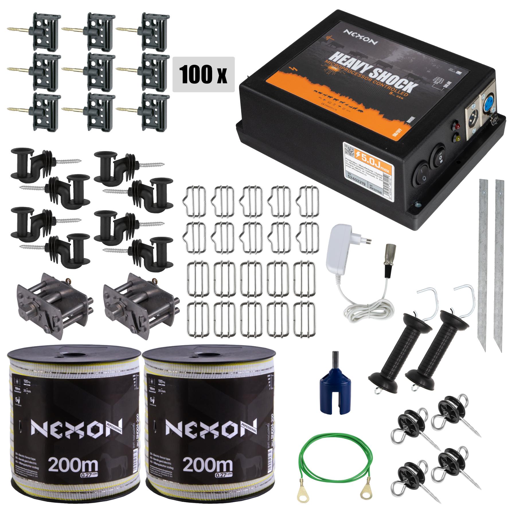 NEXON HeavyShock PRO 5.0J villanypásztor csomag, 12V működtetéssel és 5 fémszálas szalaggal (120kg), 400m