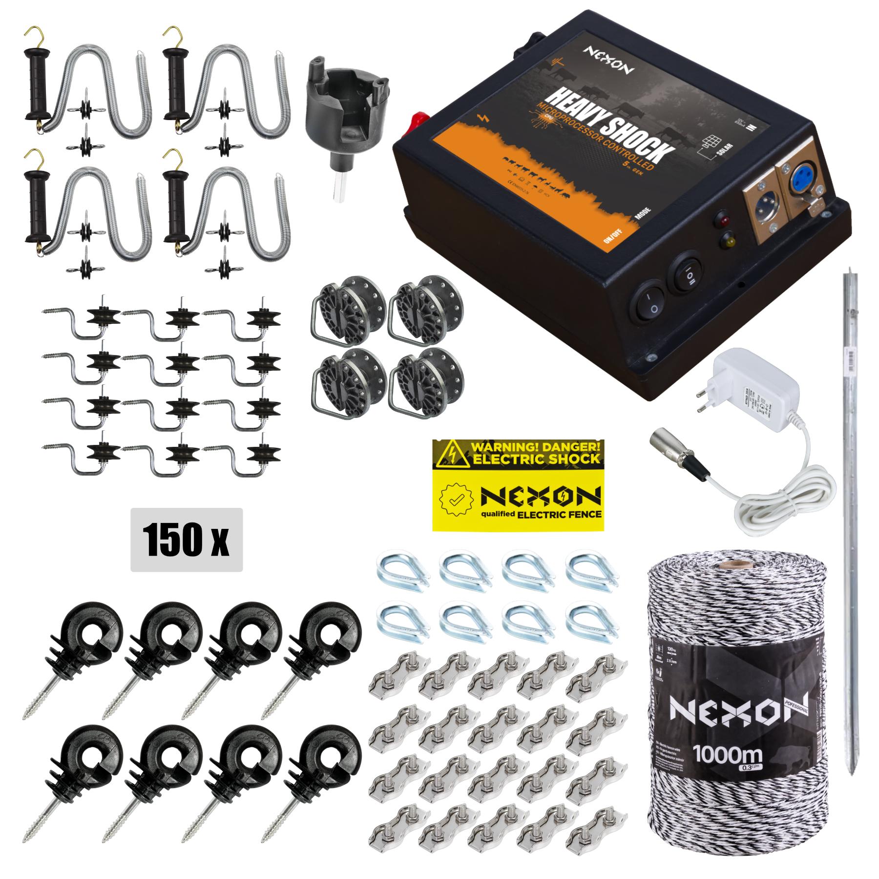 NEXON HeavyShock PRO 5.0J villanypásztor csomag, 12V/230V működtetéssel és 6 fémszálas zsinórral (130kg), 1000m