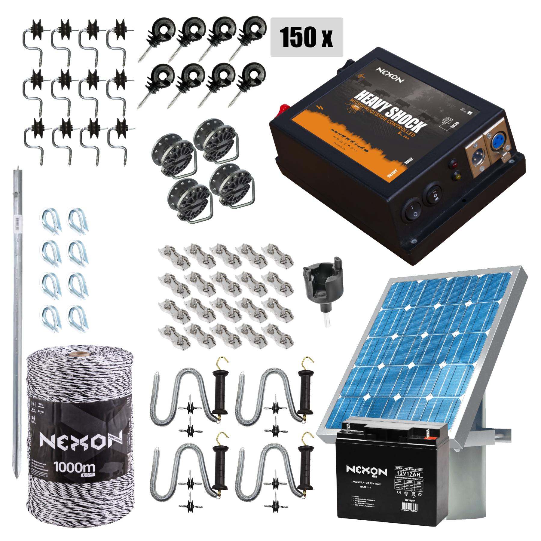 NEXON HeavyShock PRO 5.0J electric fence kit, with 12V power supply, solar panel, and 6-strand polywire (130kg), 1000m
