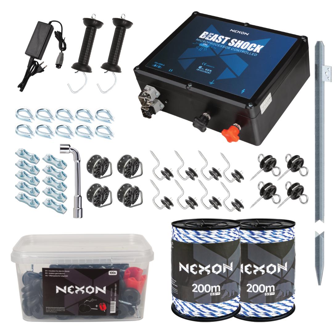 Pachet gard electric NEXON BeastShock 7.5 J 12V cu alimentator si franghie 400m 6 lite 600kg