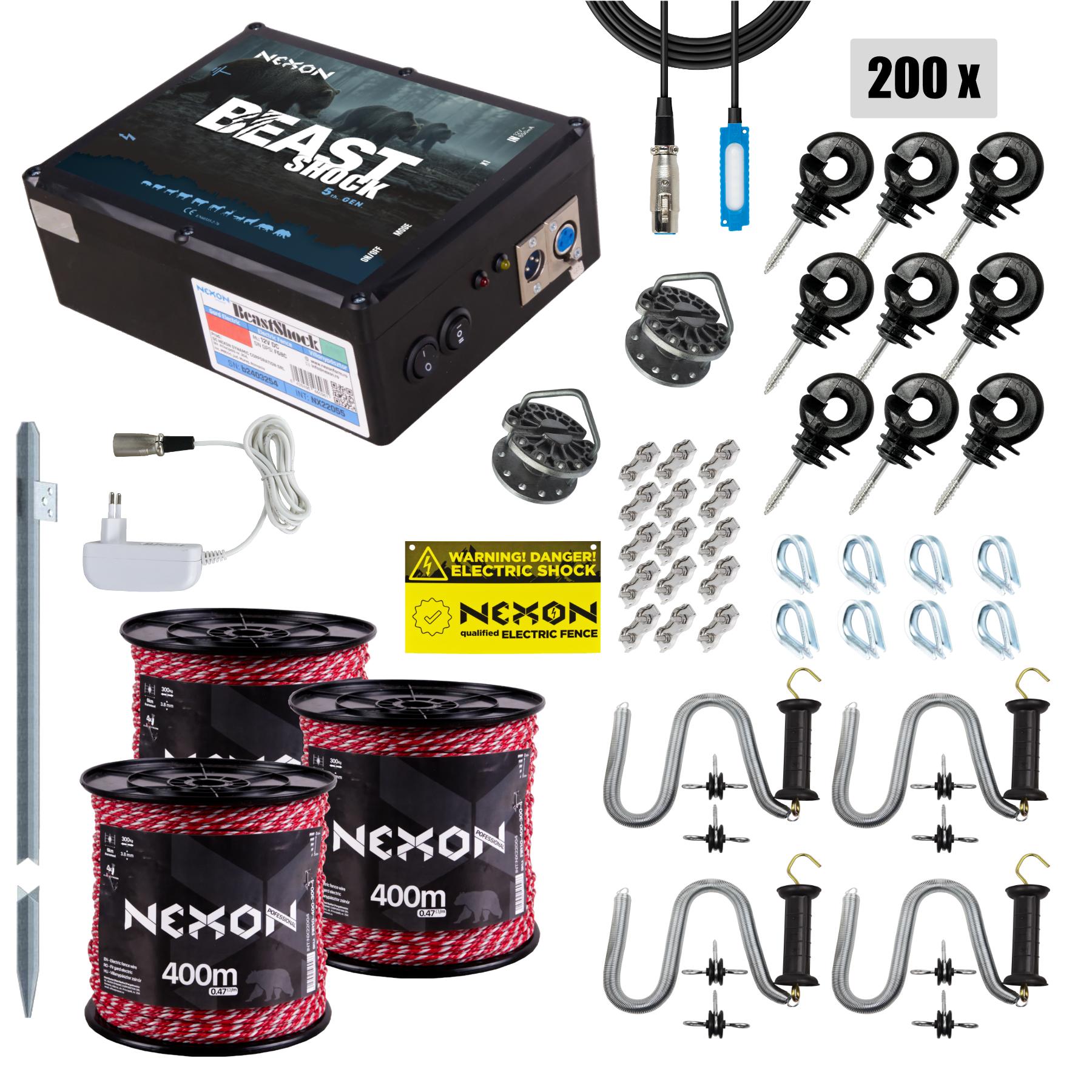 NEXON BeastShock 8.5J villanypásztor csomag, 12V/230V működtetéssel és 4 fémszálas Professional zsinórral (300kg), 1200m