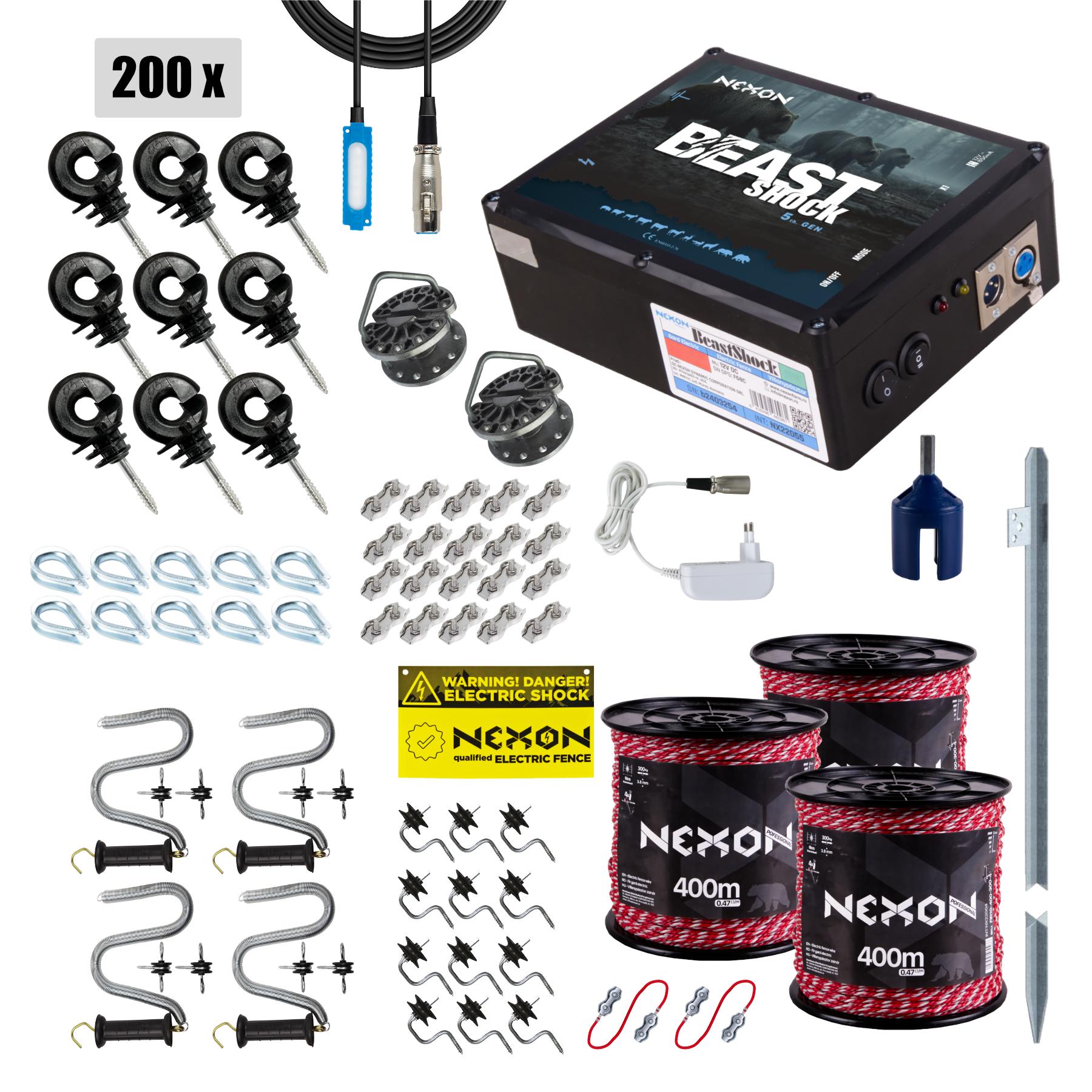NEXON BeastShock 8.5J electric fence kit, with 12V/230V power supply and 5-strand Ultra polywire (180kg), 1500m