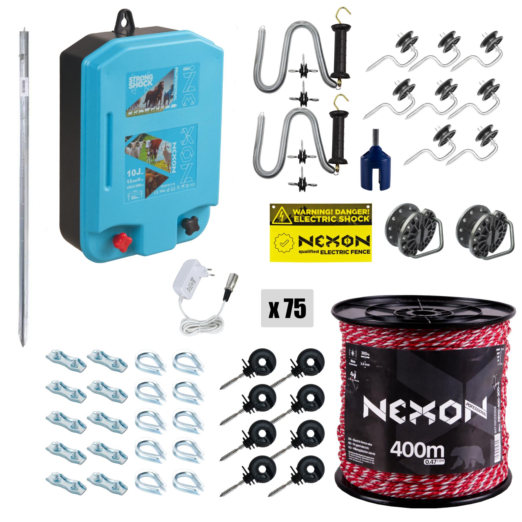 Complete Electric Fence Kit NEXON StrongShock 10J with 400m polywire and power supply
