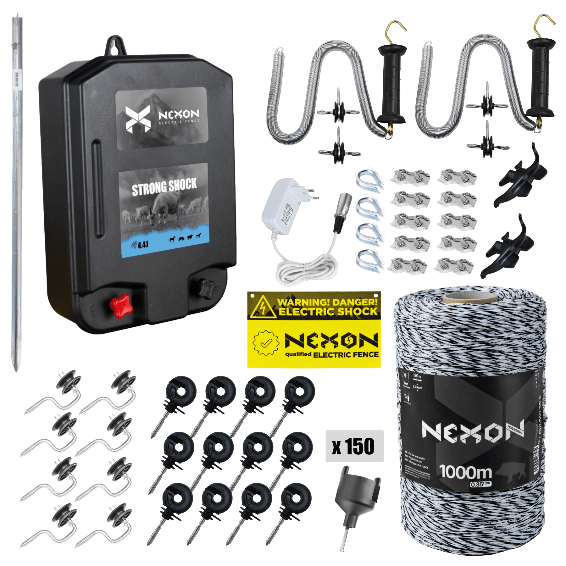 Complete Electric Fence Kit NEXON StrongShock 4.4J 12V/230V, 1000m polywire