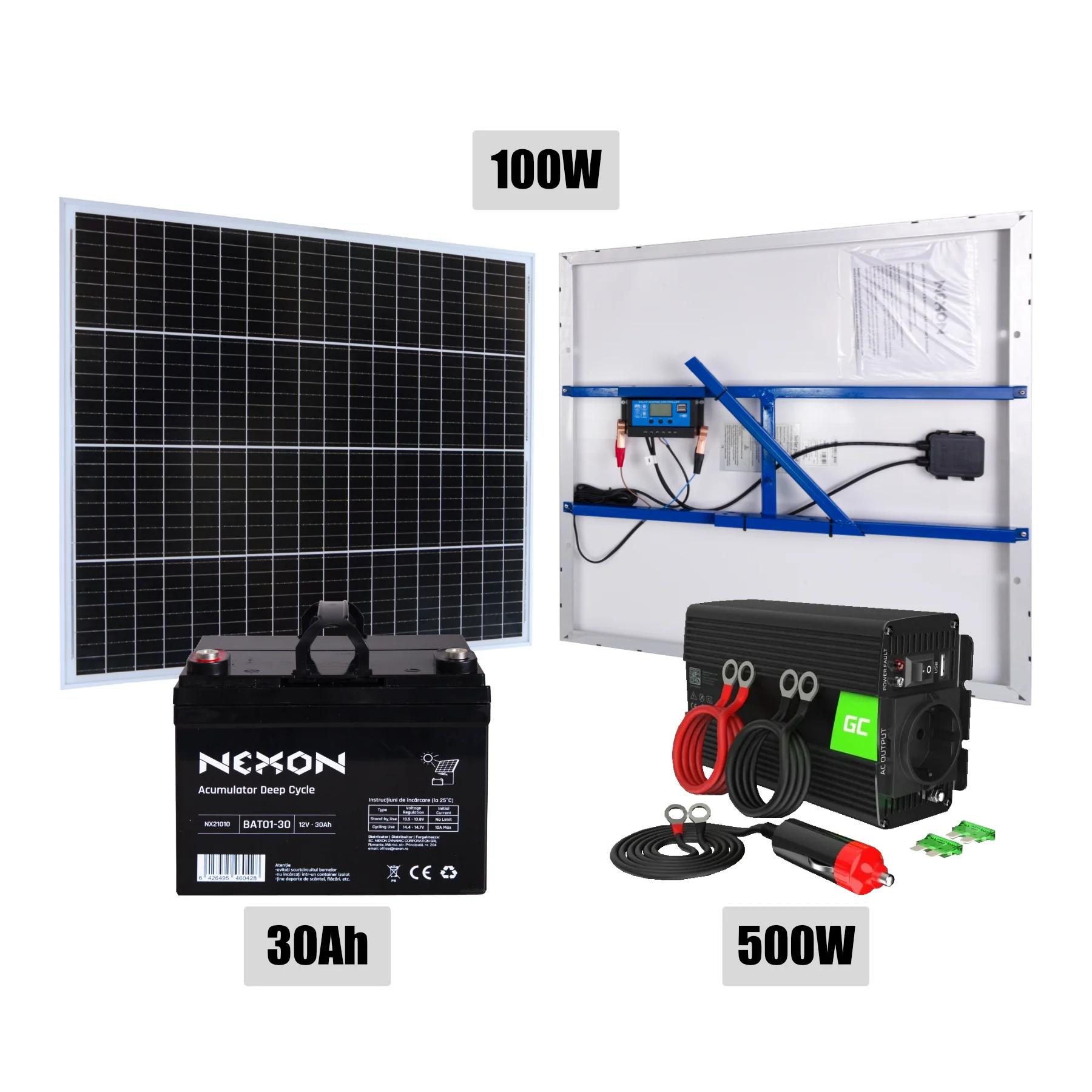 NEXON 100W napelemes szett 30Ah akkumulátorral és 230V tiszta szinuszos inverterrel