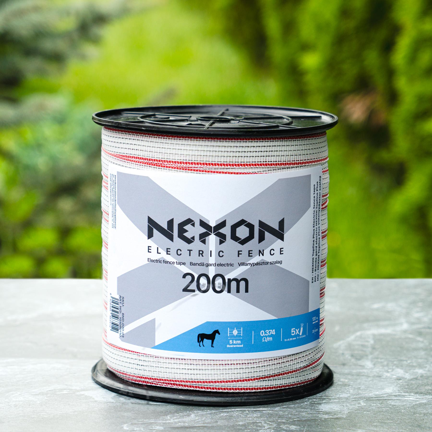 NEXON Topline Plus villanypásztor szalag 200 m, 20 mm, 0.374 ohm/m, 5 fémszál, 120 kg