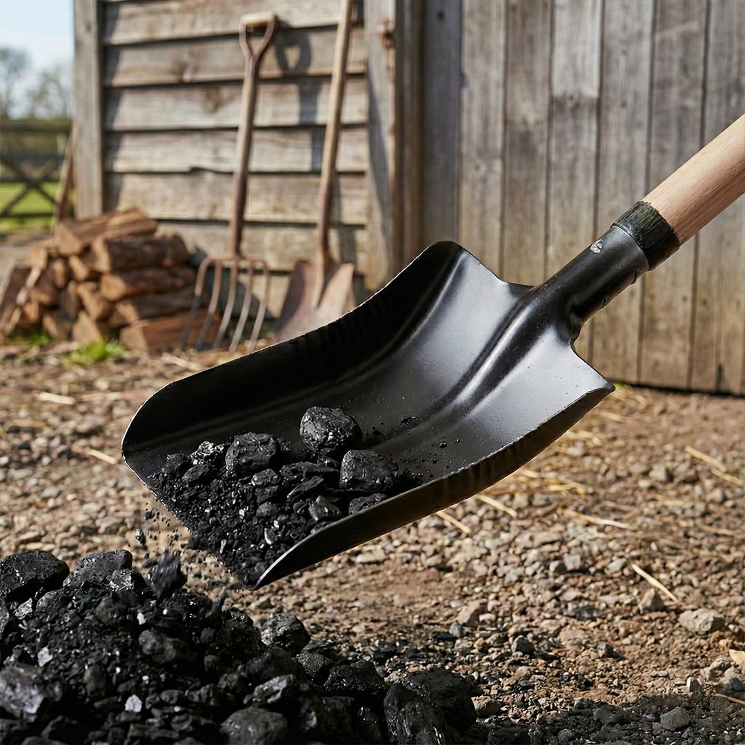 Square coal shovel with wooden handle, black
