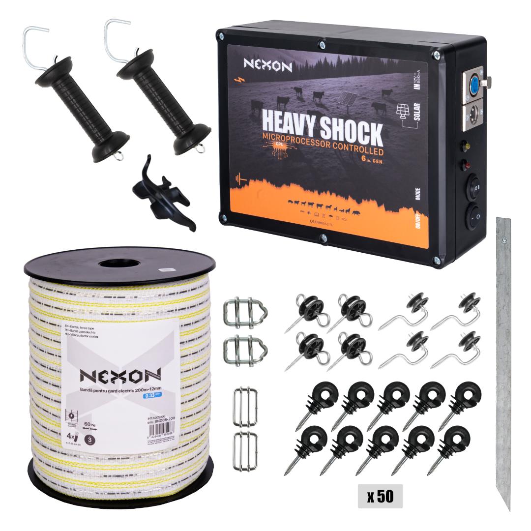 Electric fence kit NEXON HeavyShock PRO 2.5J, Tape 200m 4 strands 60kg
