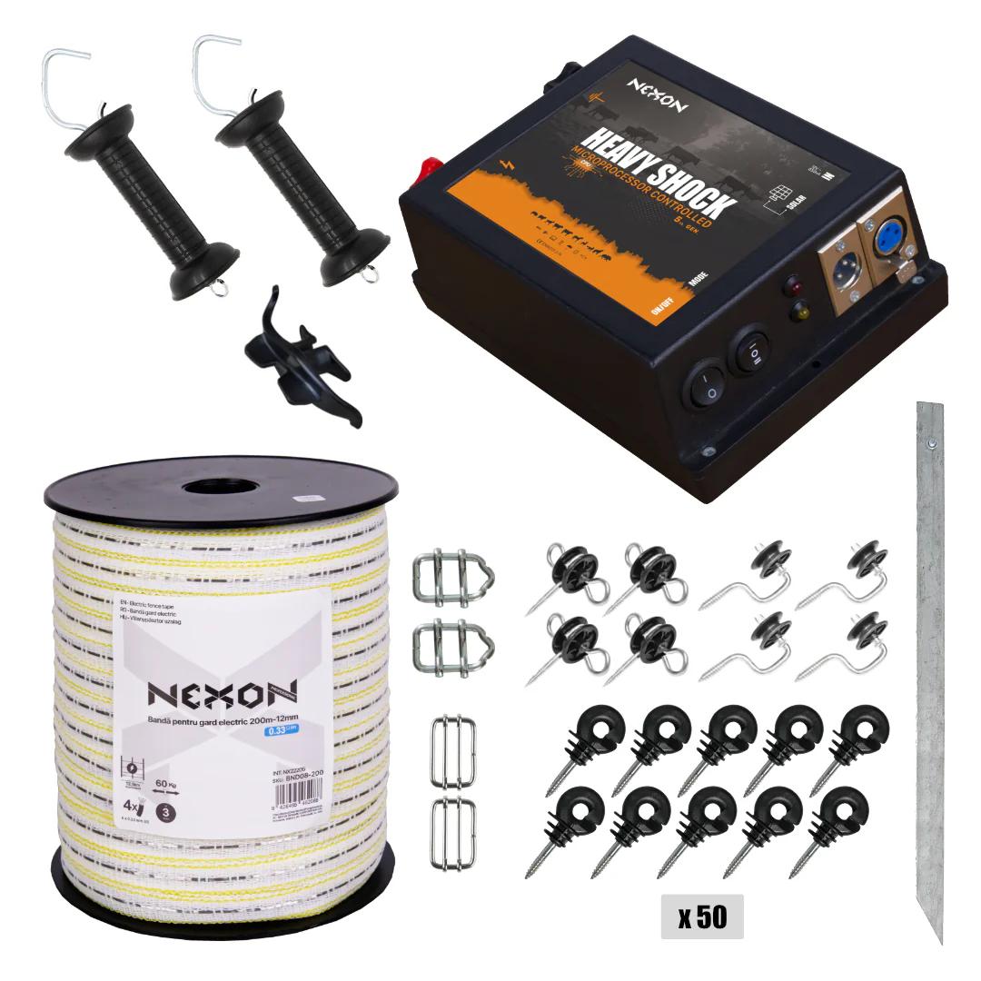 Pachet gard electric NEXON HeavyShock PRO 2.5J, Bandă 200m, 4 lite, 60kg