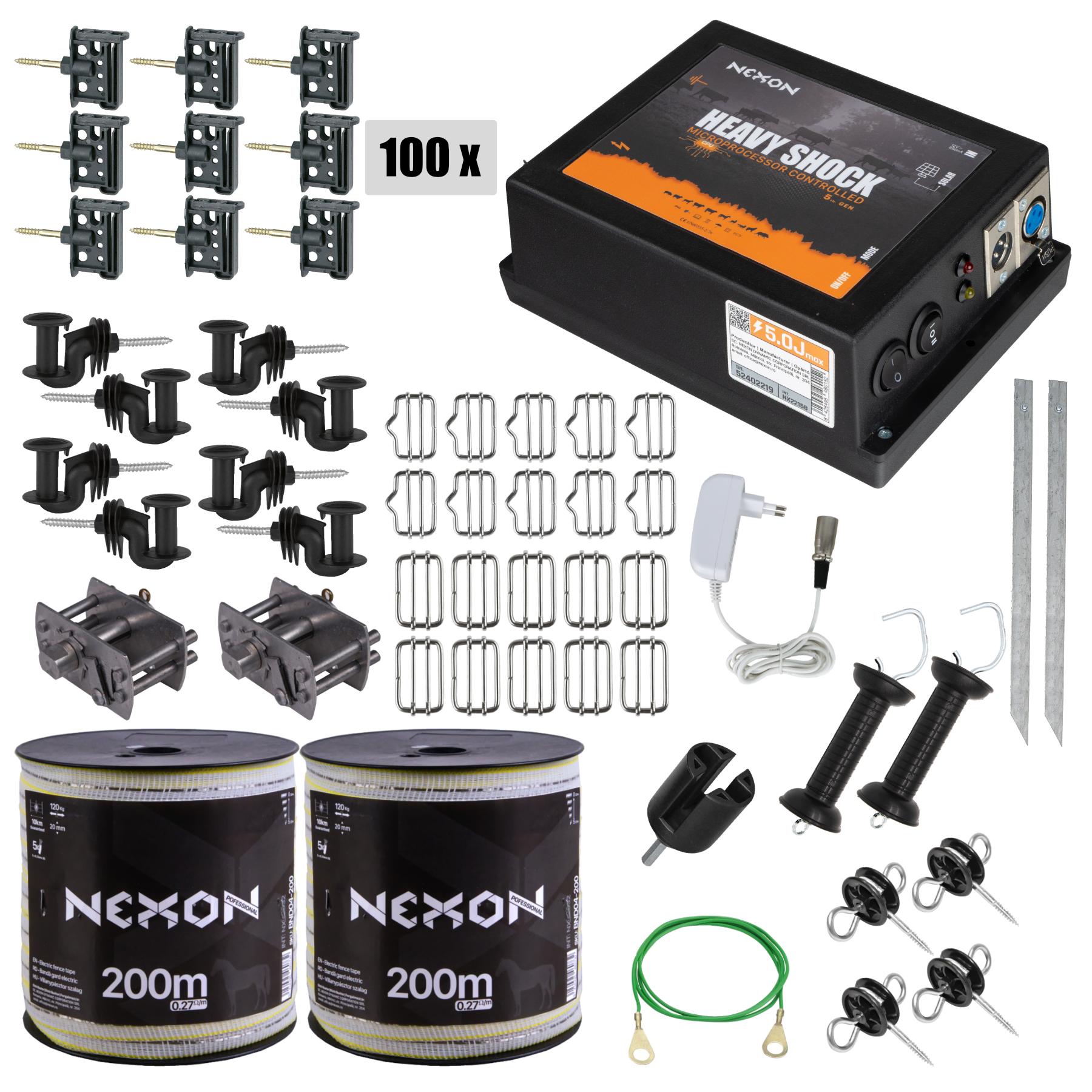 Electric fence kit NEXON HeavyShock PRO 5.0J, Tape 400m, 5 strands, 120kg