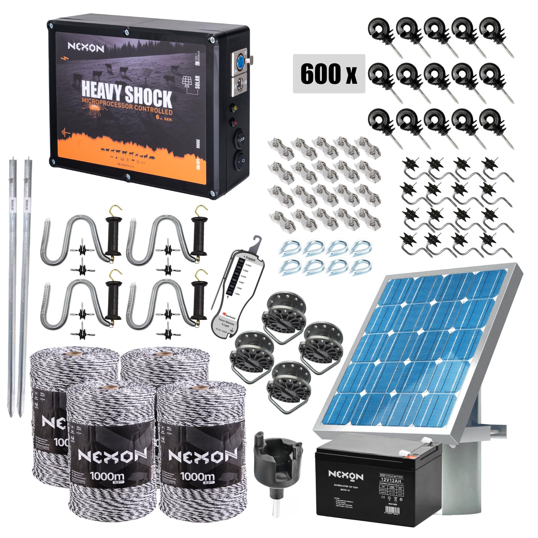 Complete Electric Fence Package NEXON HeavyShock PRO 5.0 J 12V with Solar Panel, LONG 4000m 4 strand Polywire
